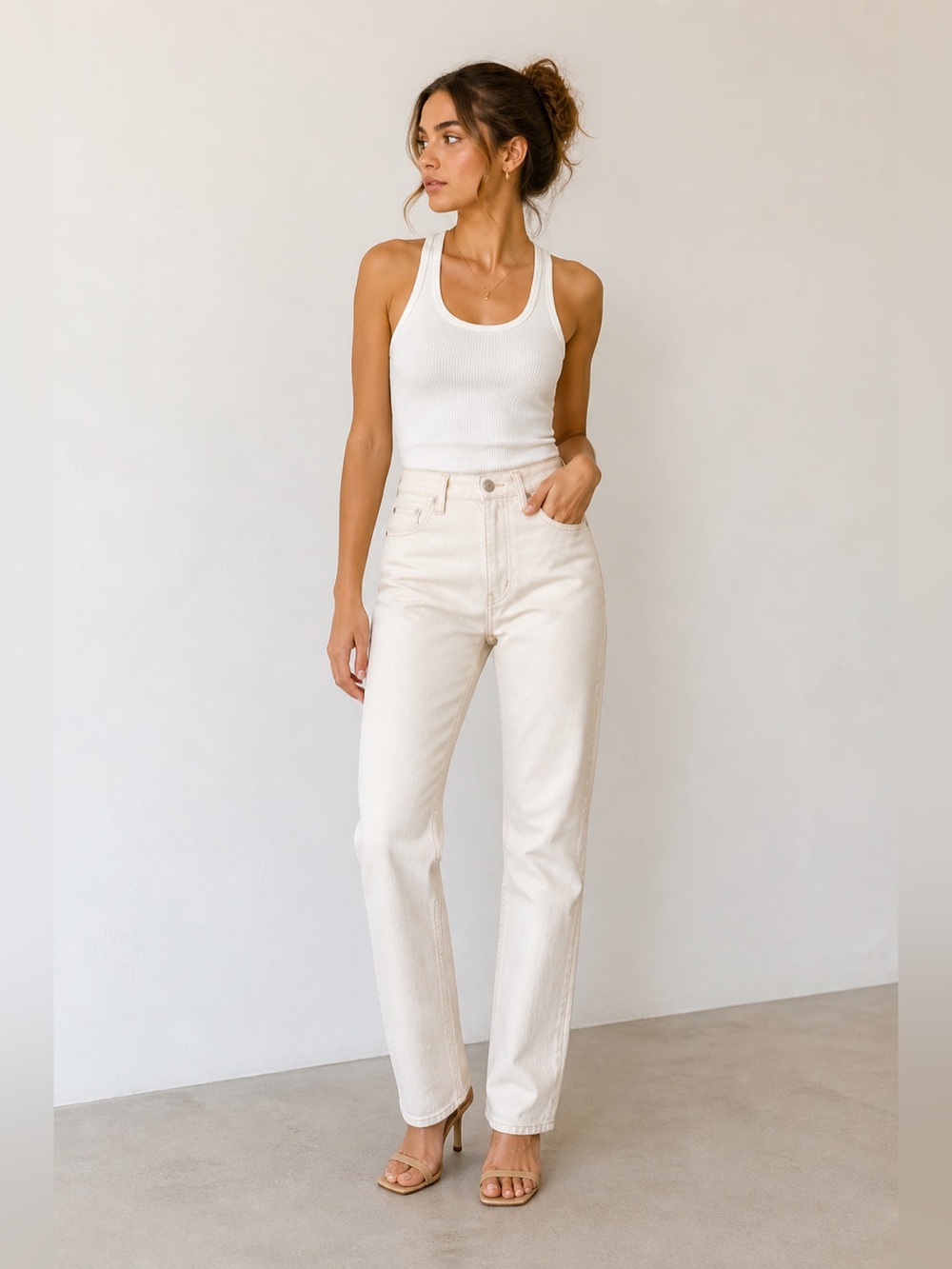 MOTHER Superior High Waisted Rider Skimp Cream Straight Leg Jeans Size 26”